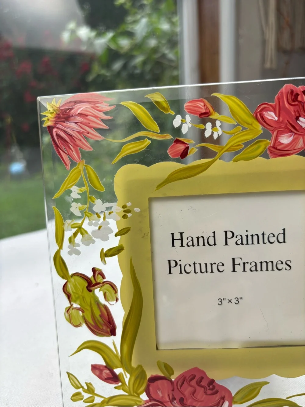NEW Hand Painted Pink & Green Floral Picture Frame Clear Glass 7” x 7”